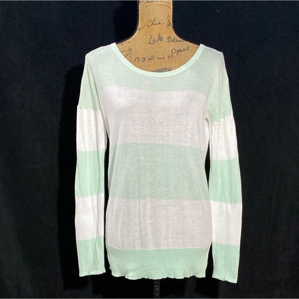 Garnet Hill Sweater S White Mint Green Stripe Top Long Sl Side Slit Tunic Comfy